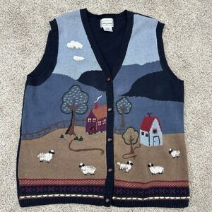 VTG Sz 22/24 Farmhouse Embroidered Sweater Vest Sheep Landscape Cottagecore Knit